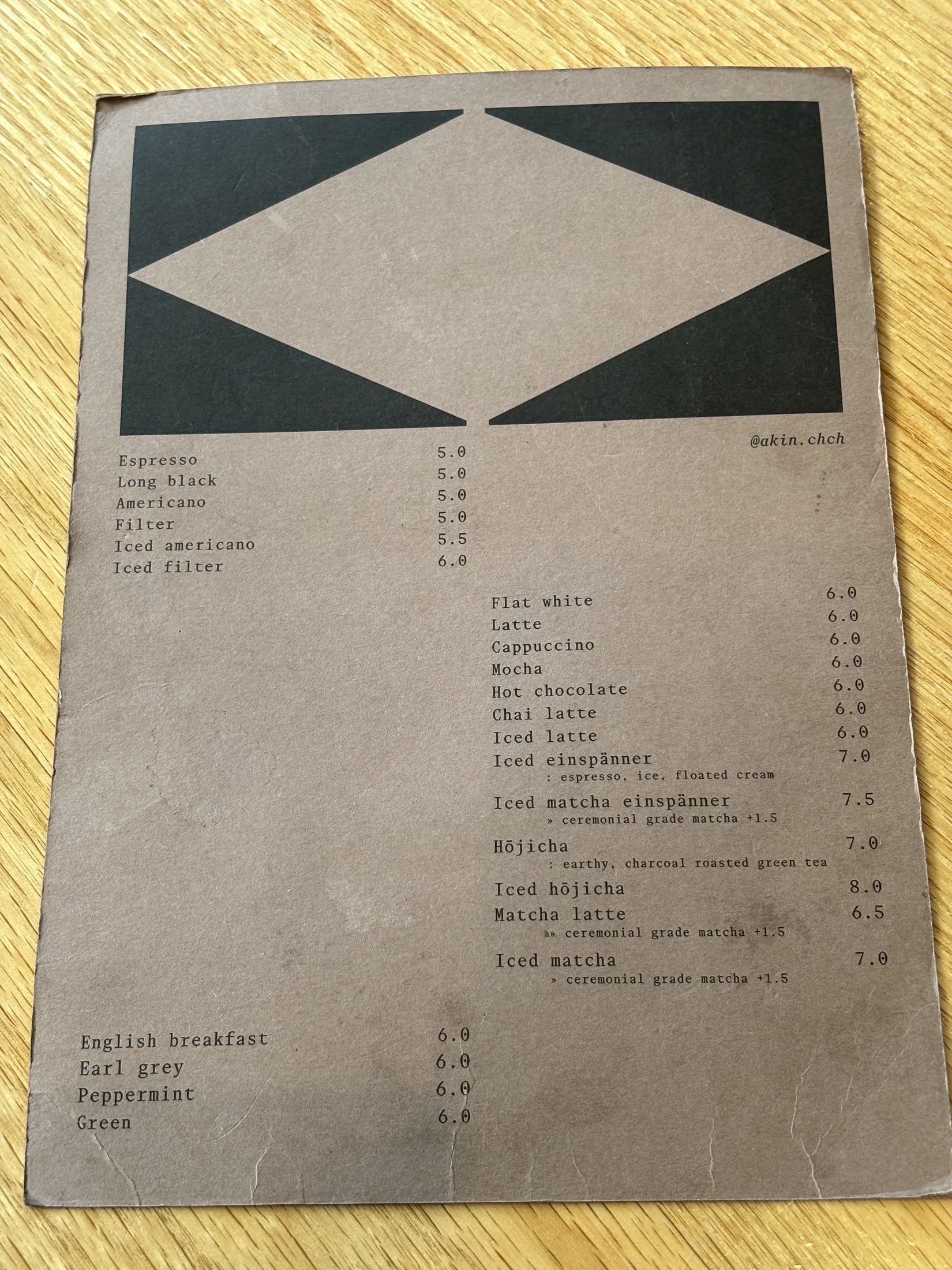 Akin Cafe coffee, matcha, hojicha and tea menu