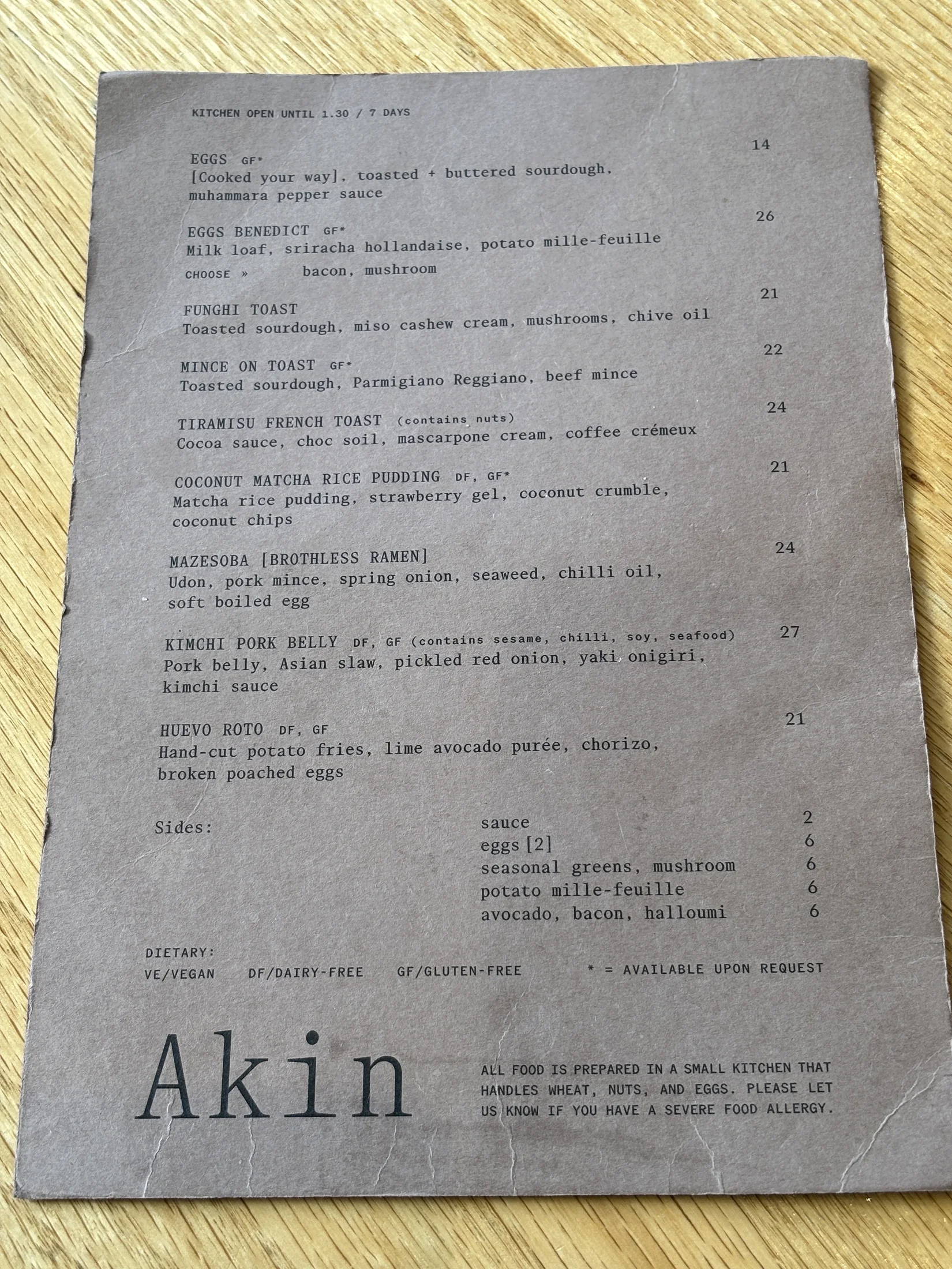 Akin Cafe food menu with breakfast, brunch and lunch items
